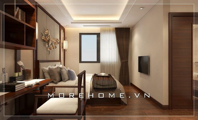 Giường ngủ gỗ tự nhiên được thiết kế theo phong cách hiện đại, màu nâu trầm ấn tượng cùng tone màu với nội thất khác tạo sự liền mạch hơn cho cả căn phòng